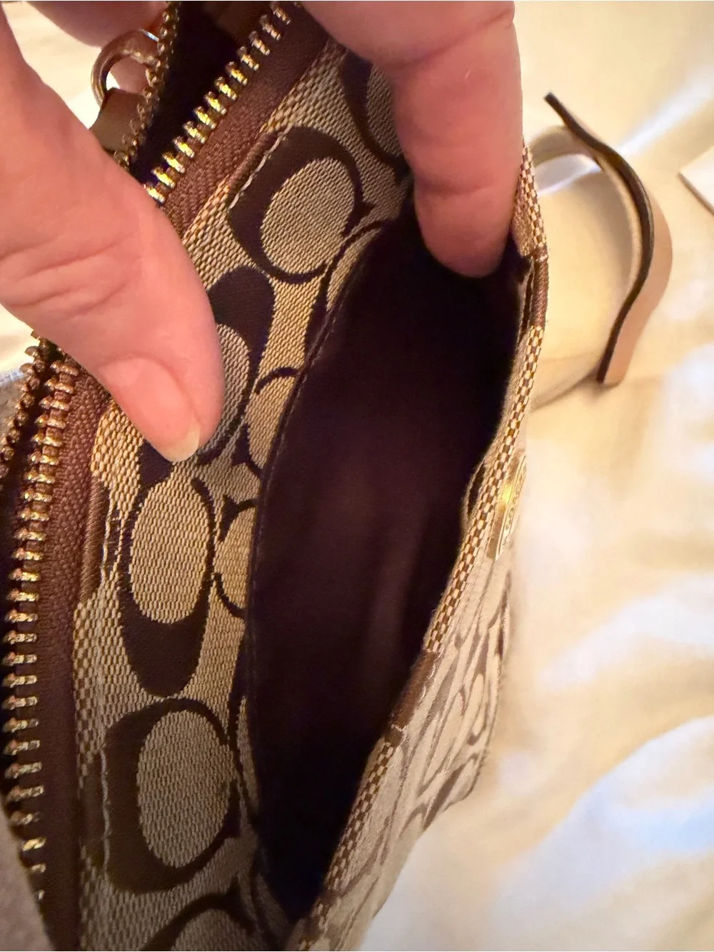 Coach crossbody bag, small, brown and tan